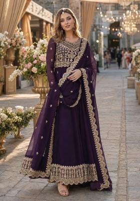 Purple Embroidered Georgette Anarkali With Dupatta