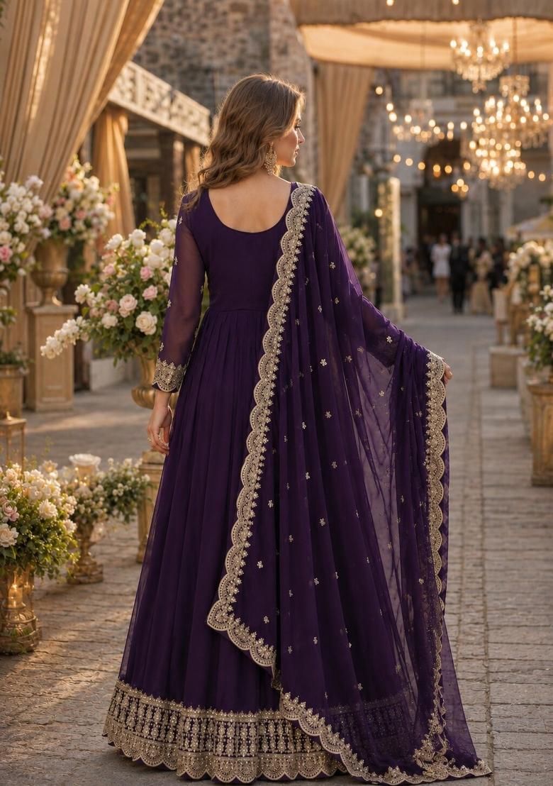Purple Embroidered Georgette Anarkali With Dupatta - Indya