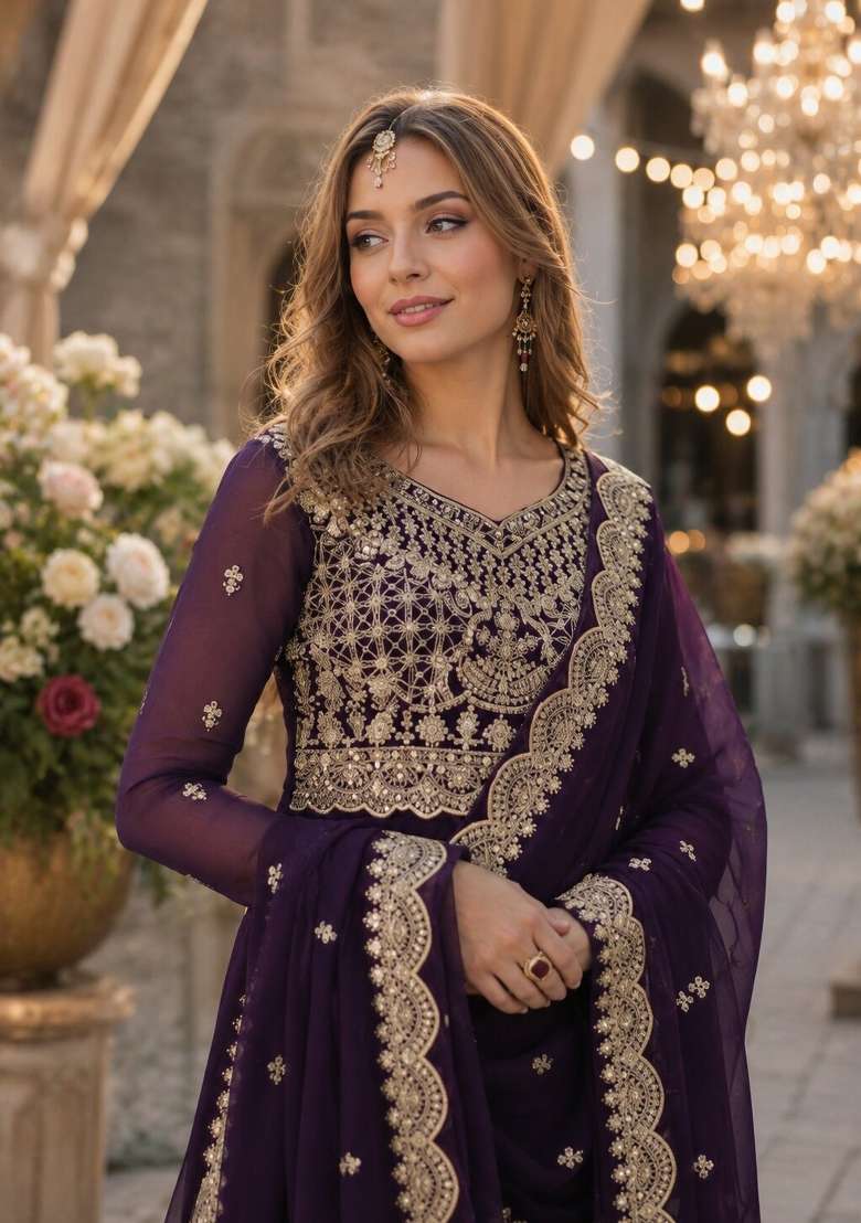 Purple Embroidered Georgette Anarkali With Dupatta - Indya