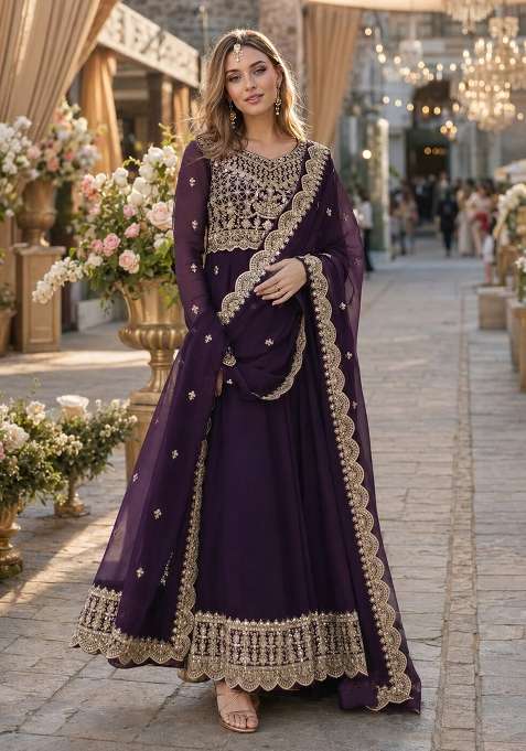 Purple Embroidered Georgette Anarkali With Dupatta