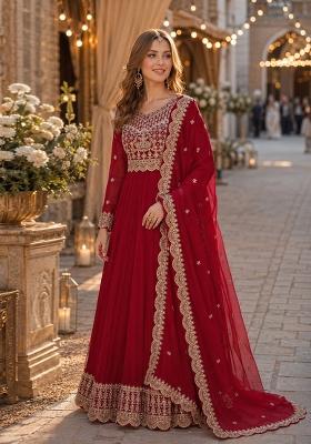 Red Embroidered Georgette Anarkali With Dupatta