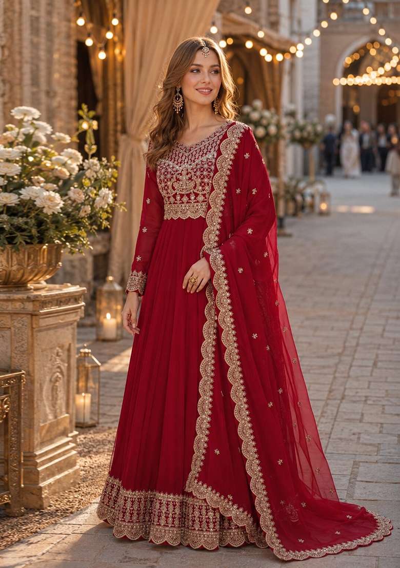 Red Embroidered Georgette Anarkali With Dupatta - Indya