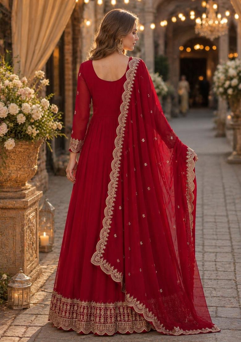 Red Embroidered Georgette Anarkali With Dupatta - Indya