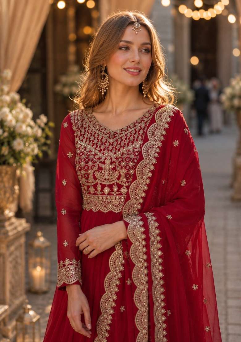 Red Embroidered Georgette Anarkali With Dupatta - Indya