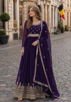 Purple Embroidered Georgette Anarkali With Dupatta