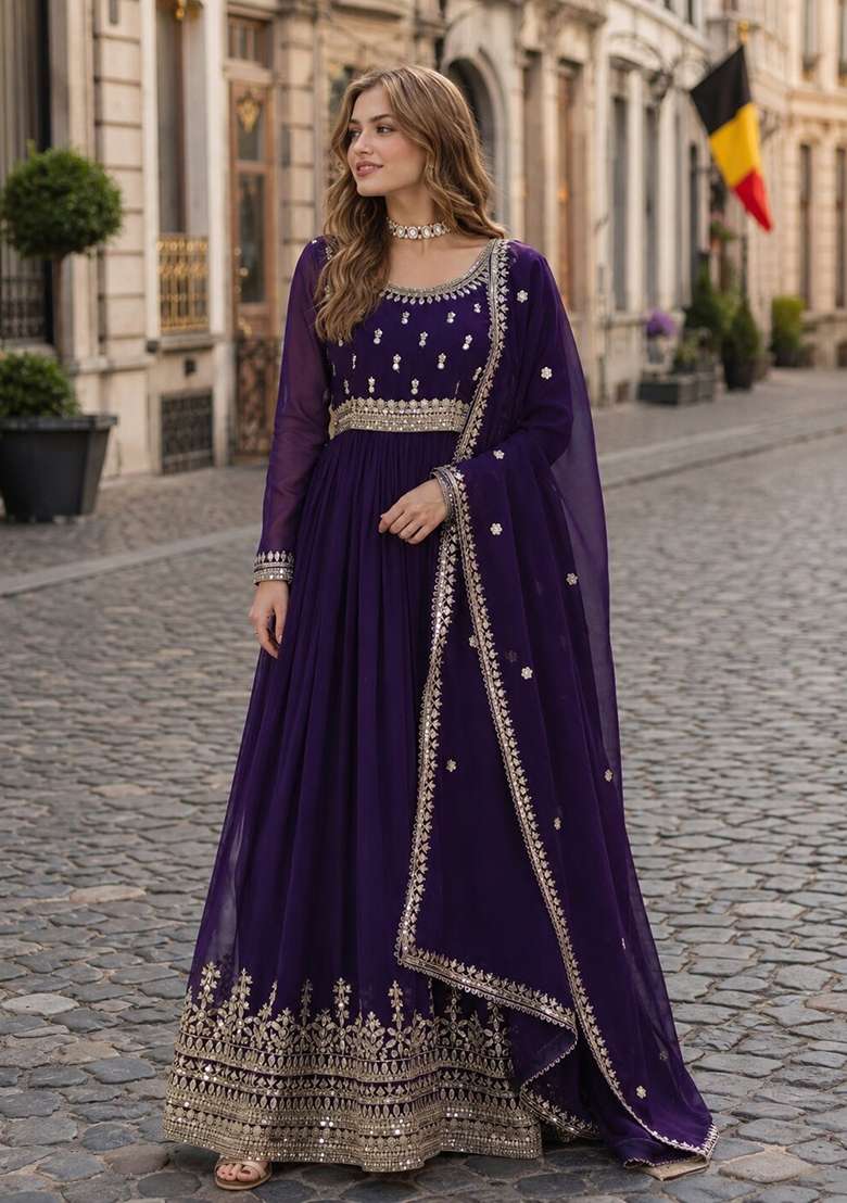 Purple Embroidered Georgette Anarkali With Dupatta - Indya