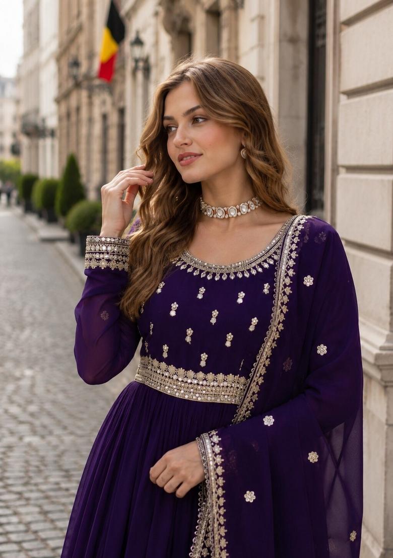 Purple Embroidered Georgette Anarkali With Dupatta - Indya