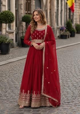 Red Embroidered Georgette Anarkali With Dupatta
