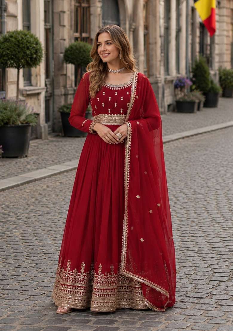 Red Embroidered Georgette Anarkali With Dupatta - Indya