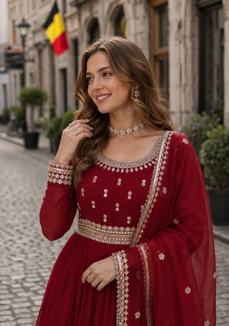 Red Embroidered Georgette Anarkali With Dupatta - Indya