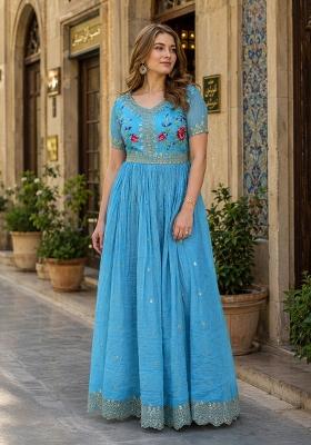 Blue Embroidered Silk Blend Anarkali