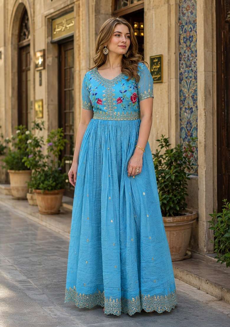 Blue Embroidered Silk Blend Anarkali - Indya