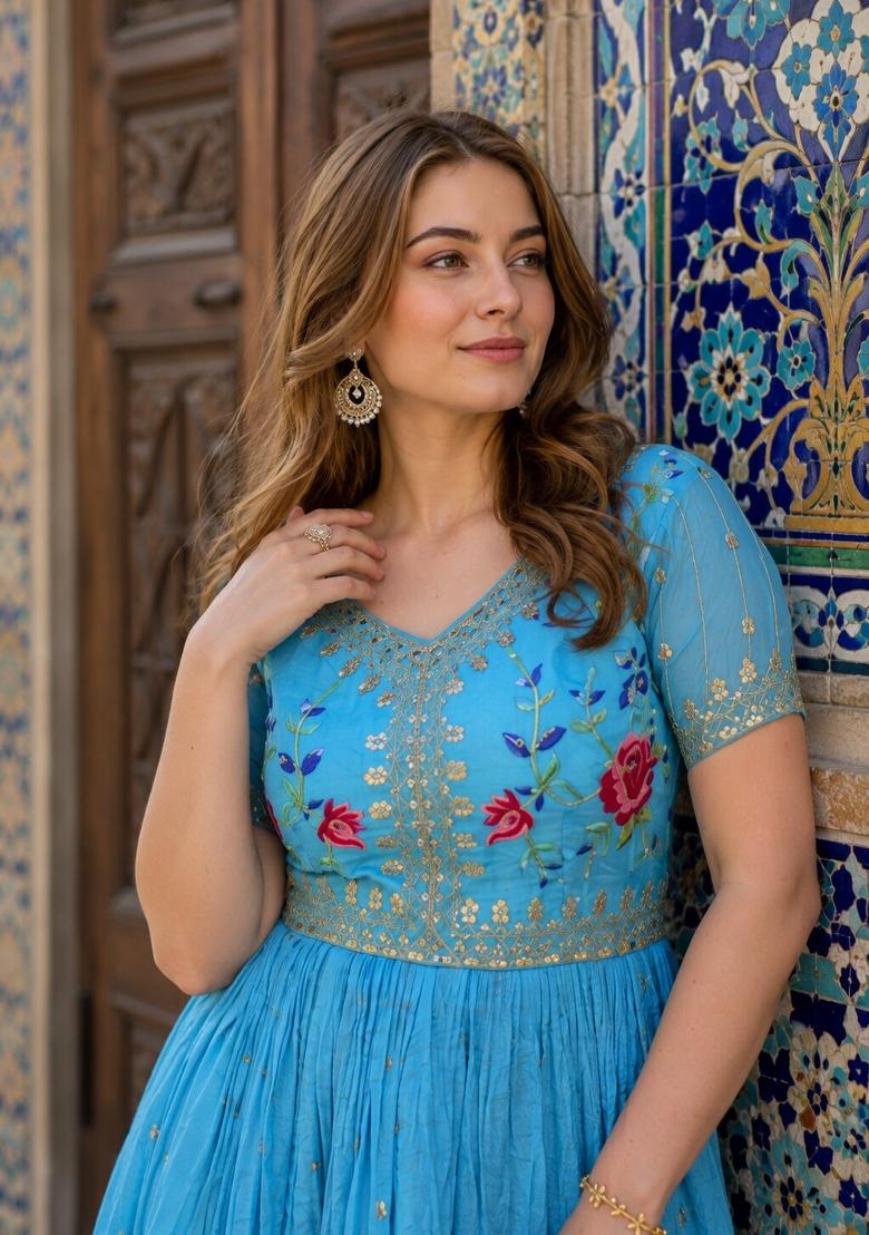 Blue Embroidered Silk Blend Anarkali - Indya