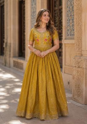 Mustard Embroidered Silk Blend Anarkali