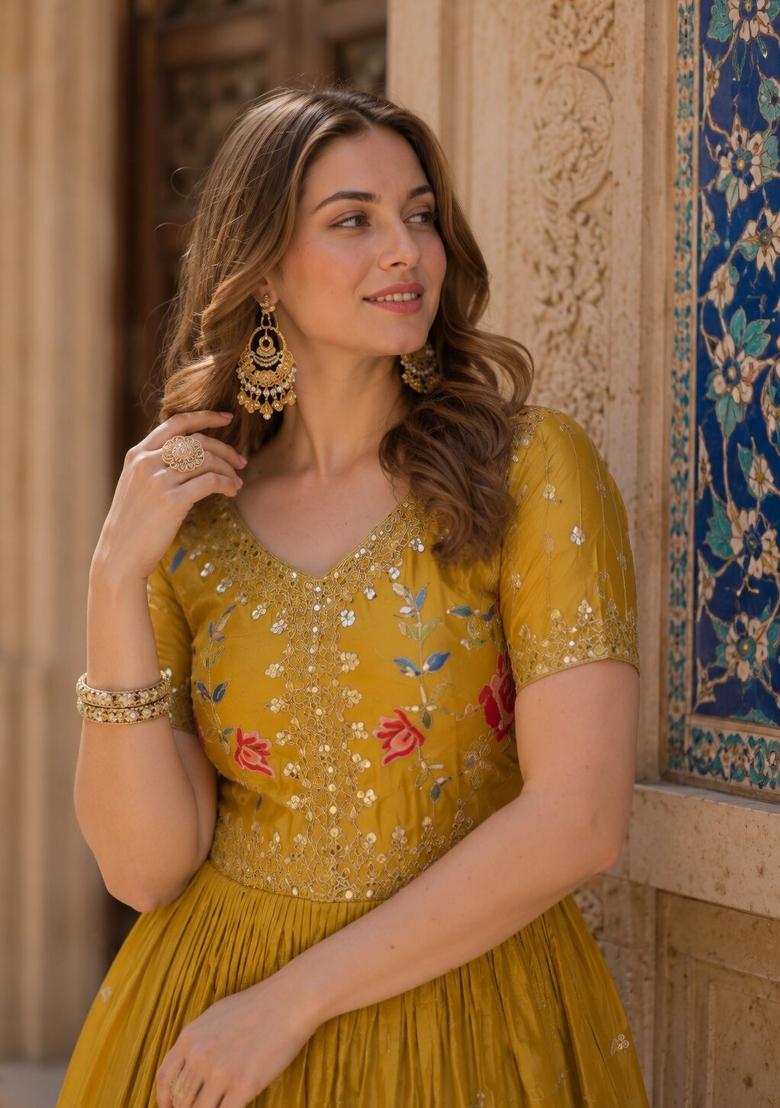 Mustard Embroidered Silk Blend Anarkali - Indya