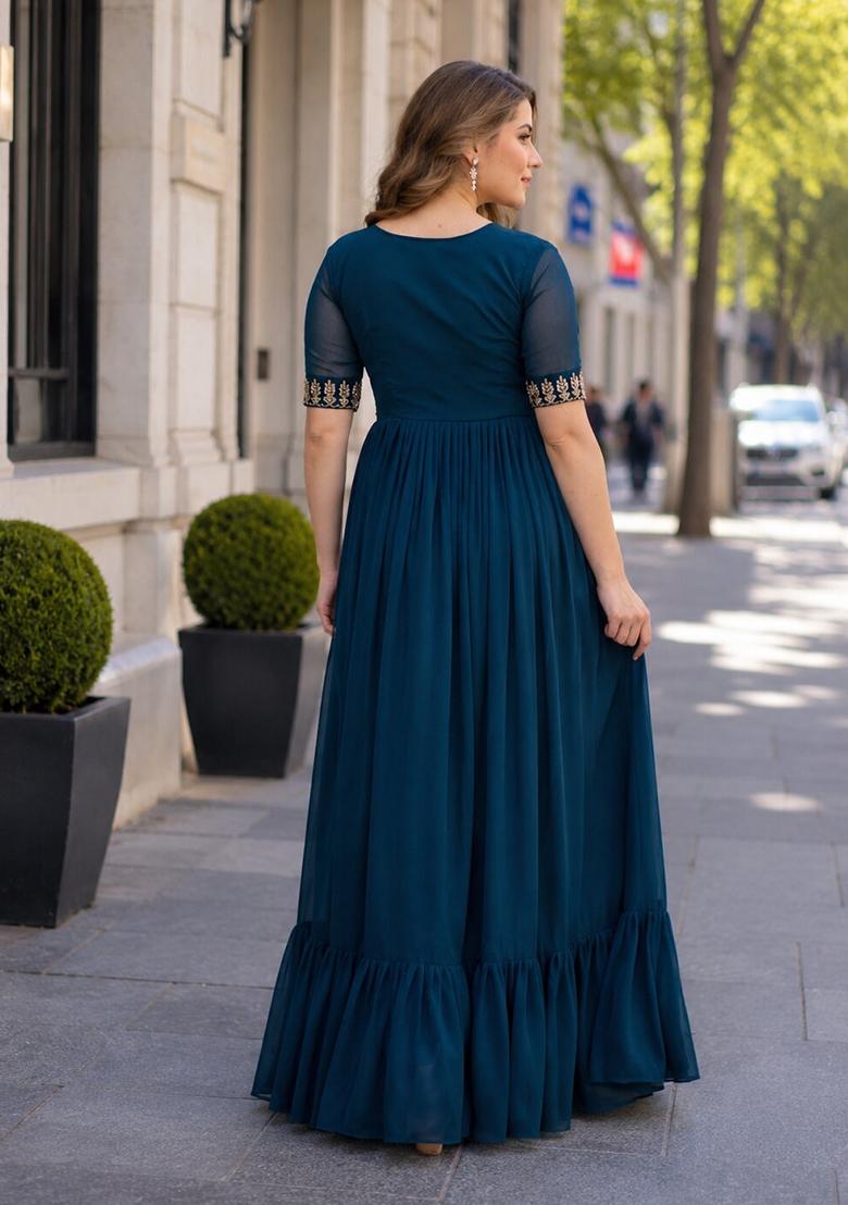 Navy Blue Embroidered Georgette Anarkali - Indya