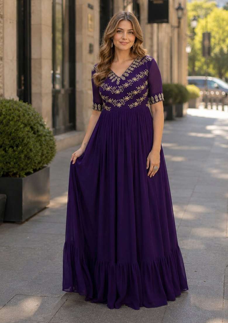 Purple Embroidered Georgette Anarkali - Indya