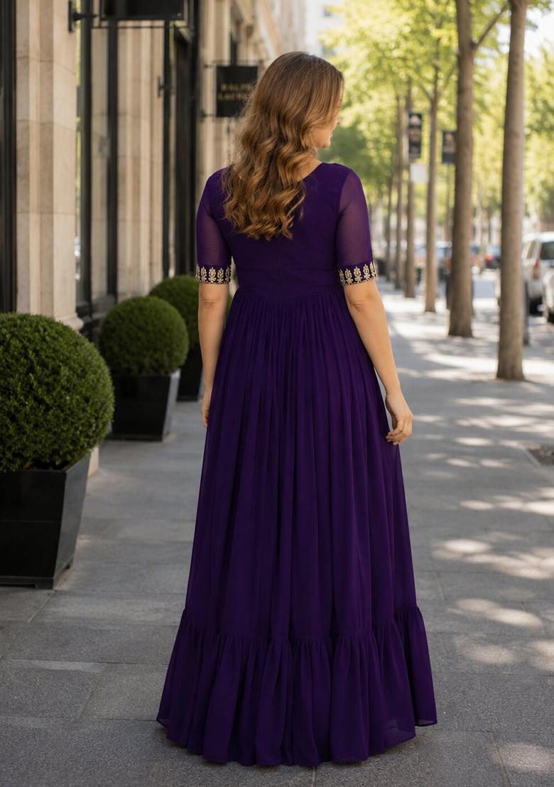 Purple Embroidered Georgette Anarkali - Indya