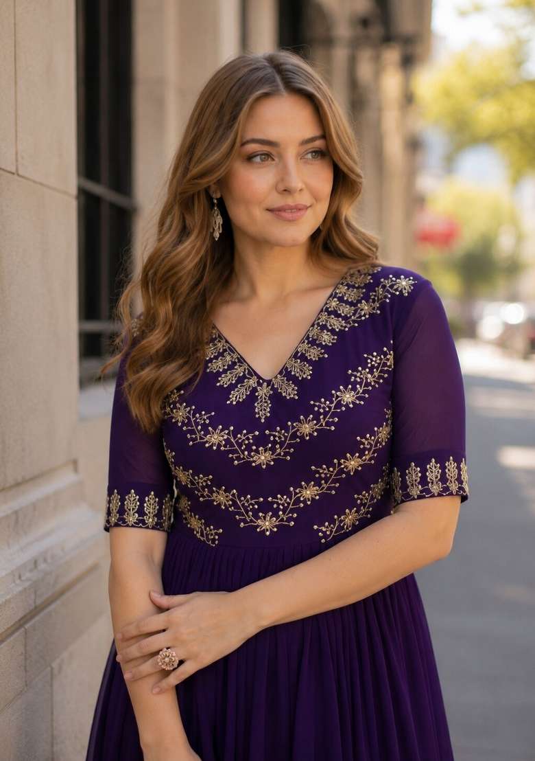 Purple Embroidered Georgette Anarkali - Indya
