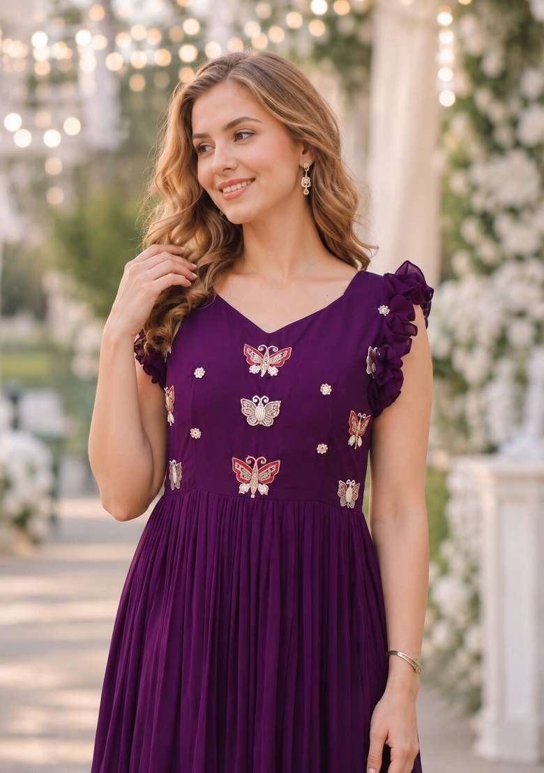 Purple Embroidered Georgette Anarkali - Indya