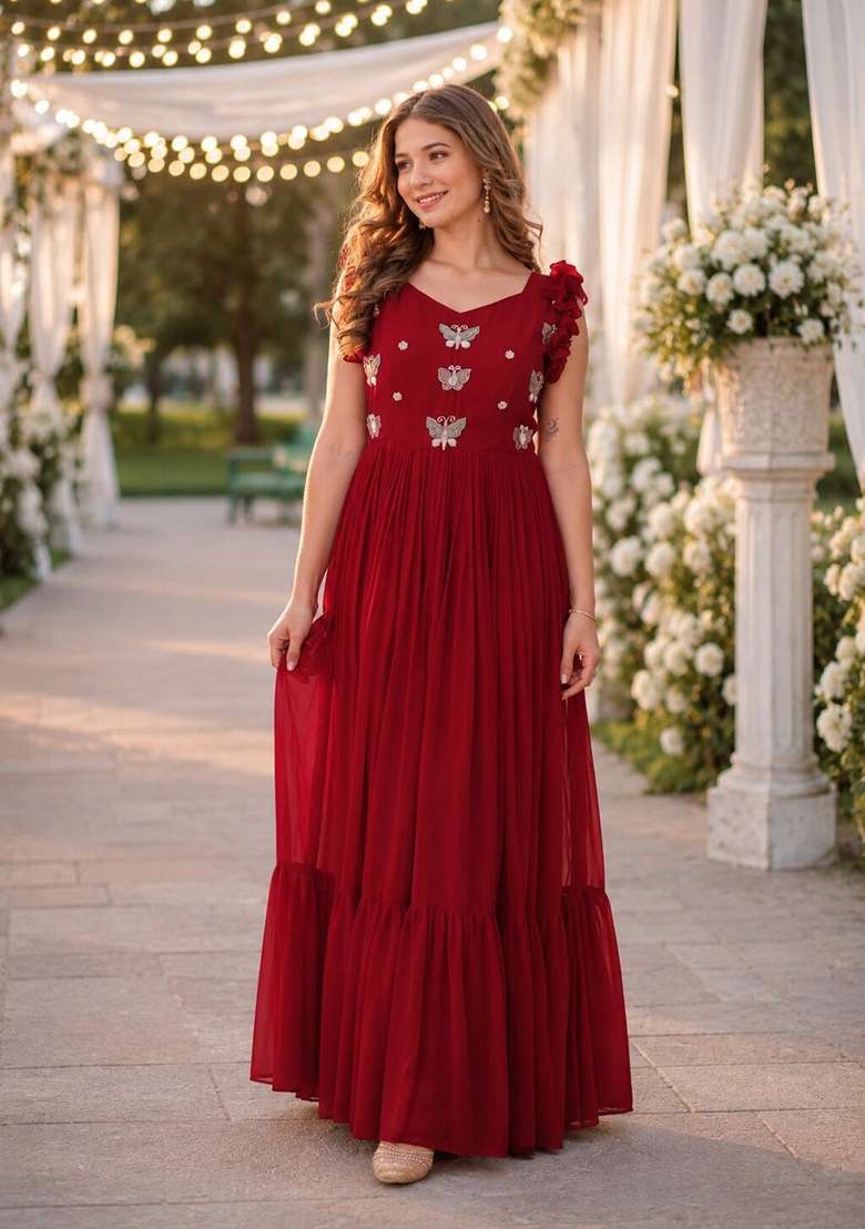 Red Embroidered Georgette Anarkali - Indya