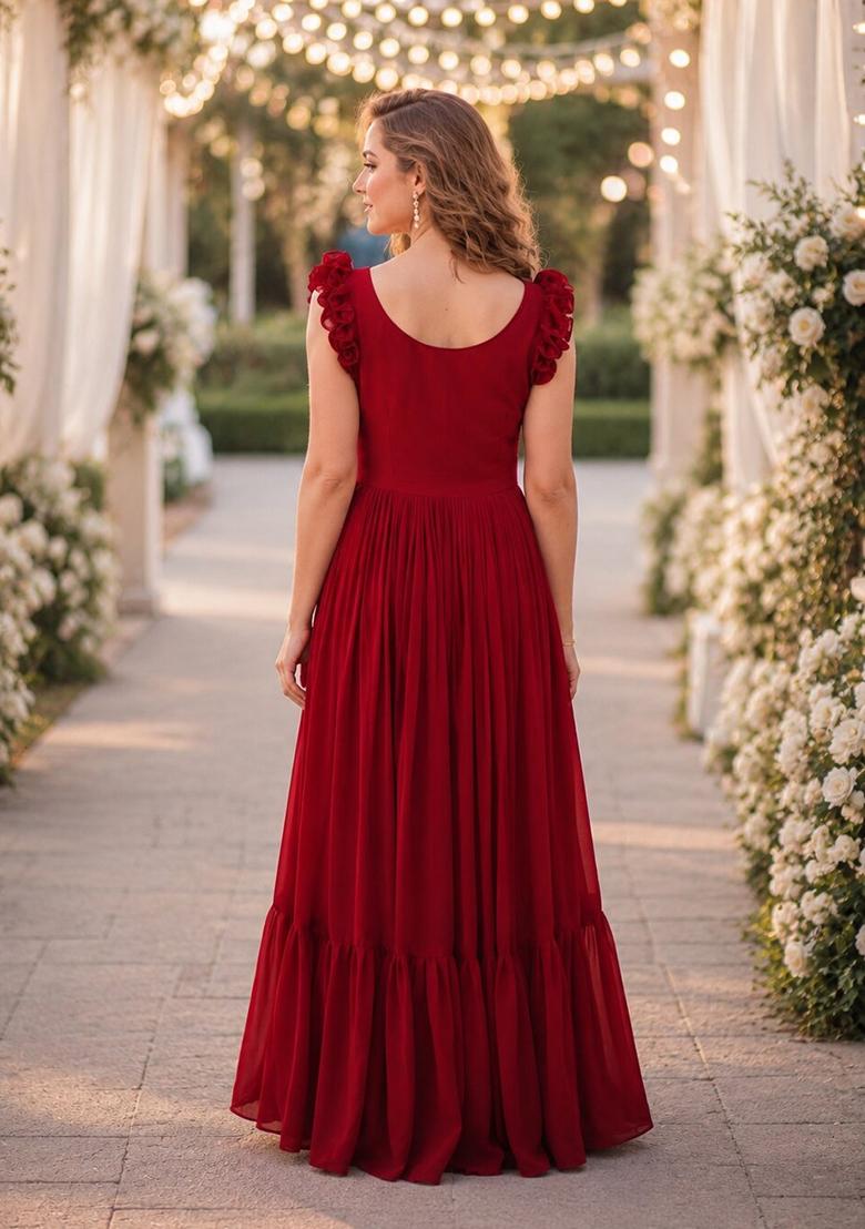 Red Embroidered Georgette Anarkali - Indya