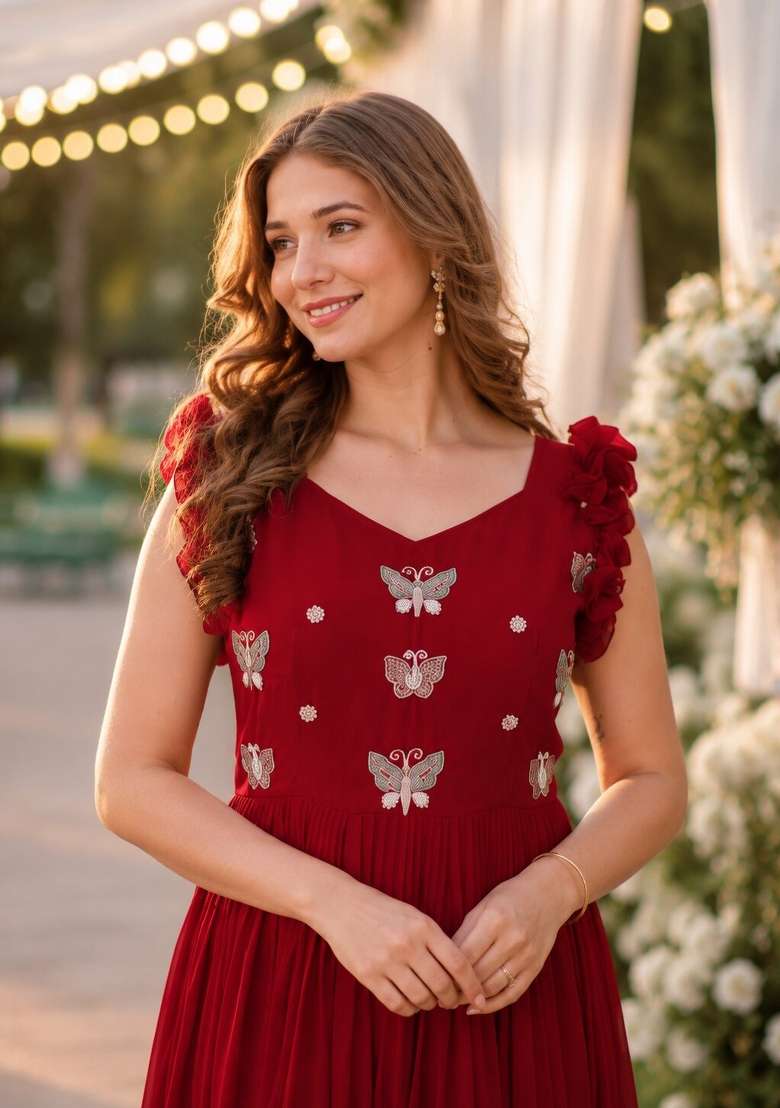 Red Embroidered Georgette Anarkali - Indya