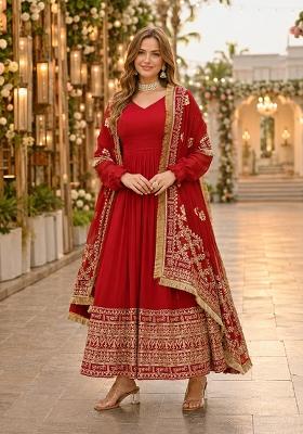 Maroon Embroidered Georgette Anarkali With Dupatta