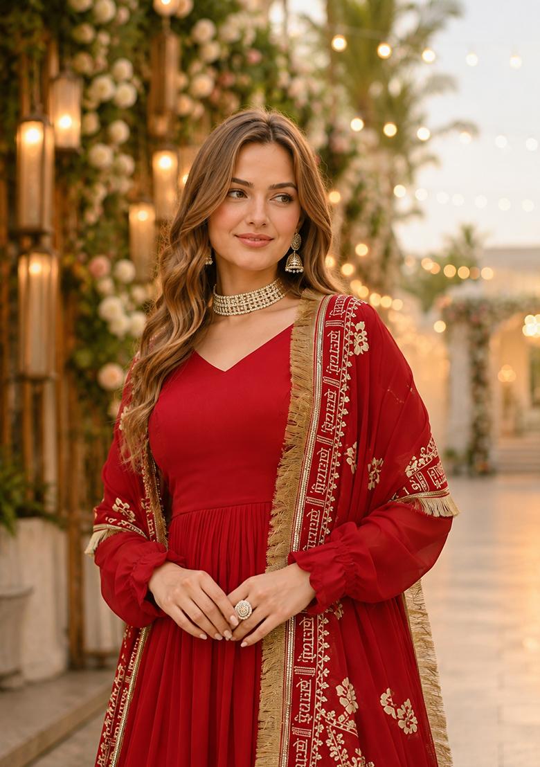 Maroon Embroidered Georgette Anarkali With Dupatta - Indya