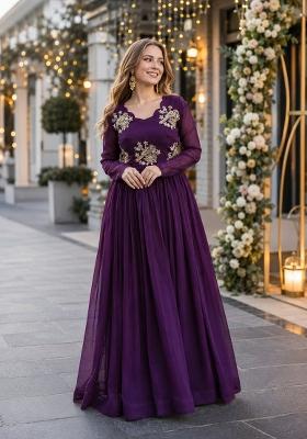 Purple Embroidered Silk Blend Anarkali
