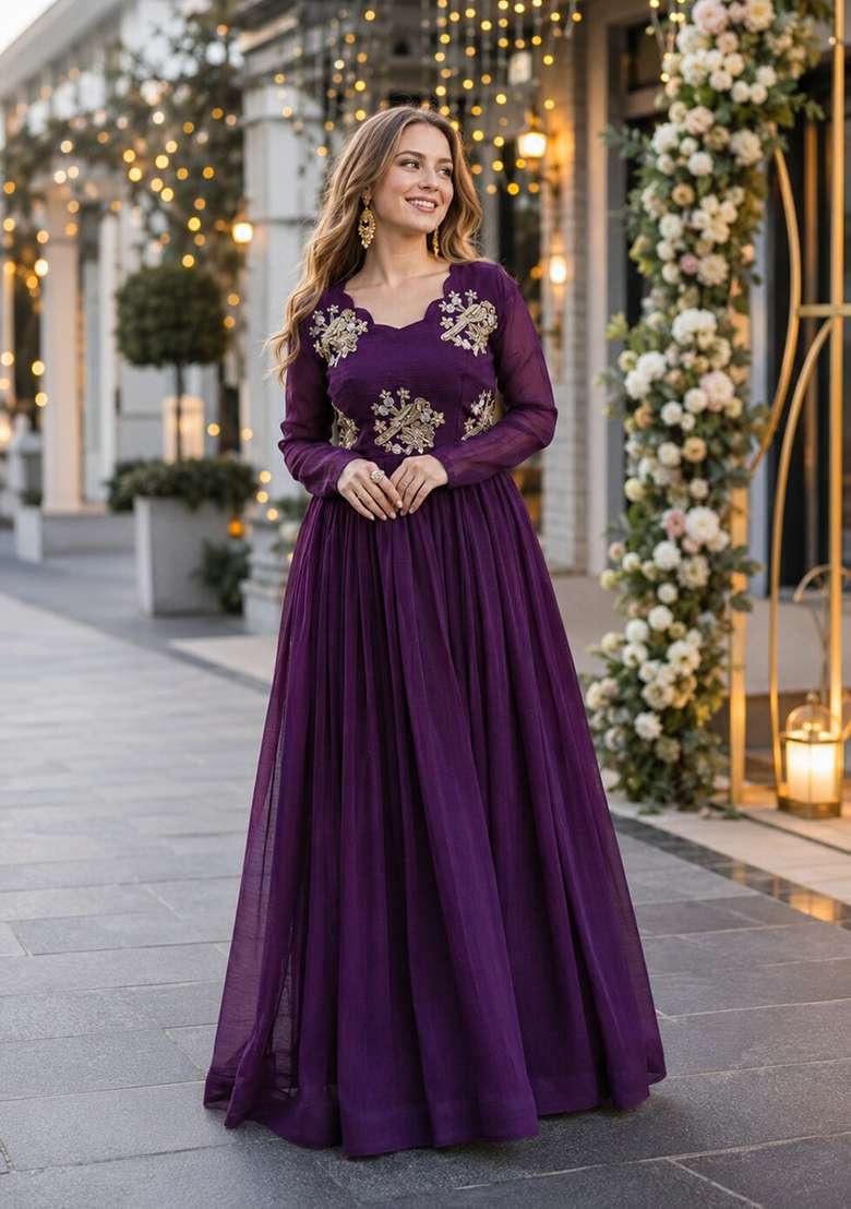 Purple Embroidered Silk Blend Anarkali - Indya