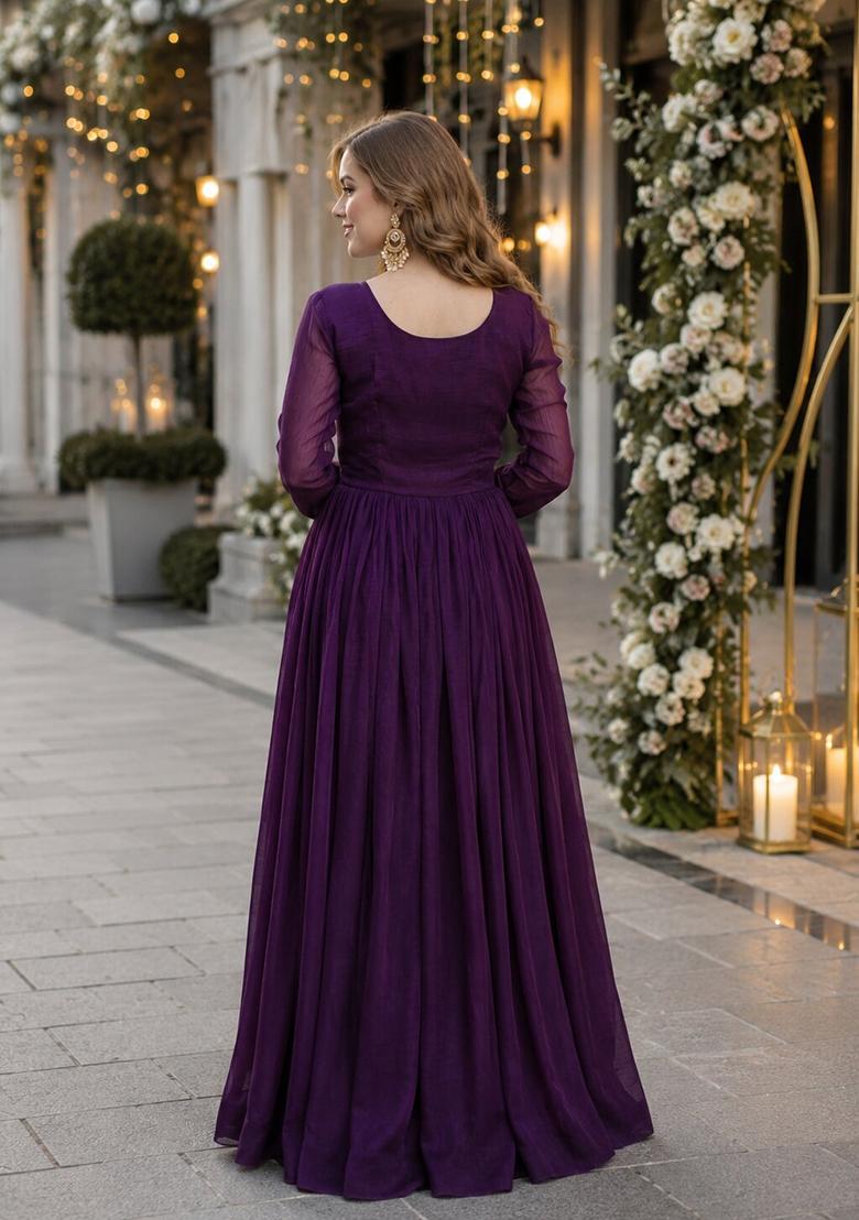 Purple Embroidered Silk Blend Anarkali - Indya