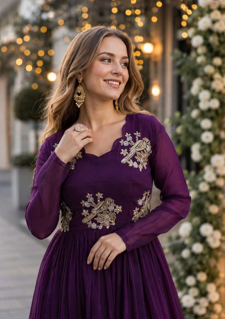 Purple Embroidered Silk Blend Anarkali - Indya