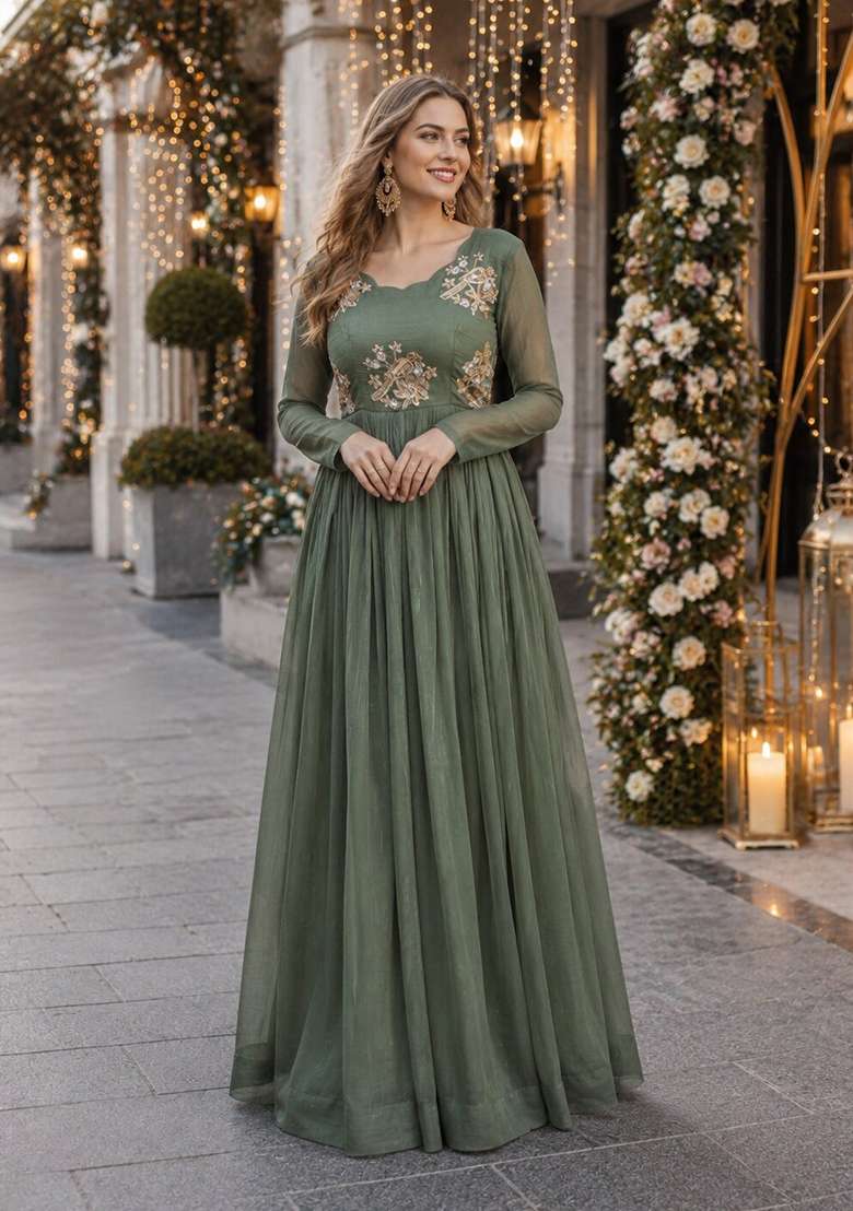 Sea Green Embroidered Silk Blend Anarkali - Indya