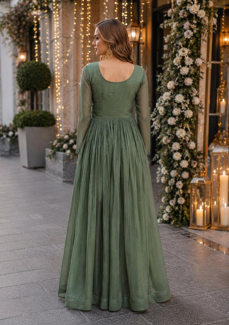 Sea Green Embroidered Silk Blend Anarkali - Indya