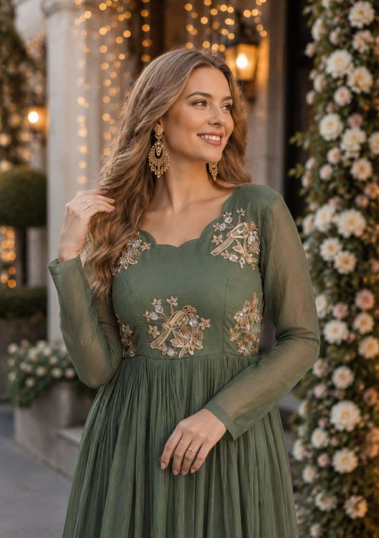 Sea Green Embroidered Silk Blend Anarkali - Indya