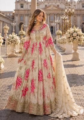 Pink Embroidered Silk Blend Anarkali With Dupatta