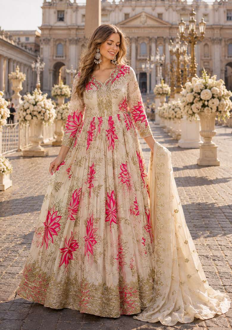 Pink Embroidered Silk Blend Anarkali With Dupatta - Indya