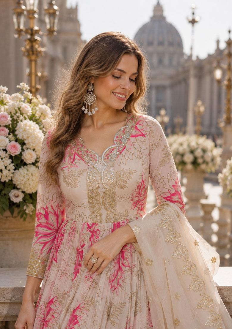Pink Embroidered Silk Blend Anarkali With Dupatta - Indya