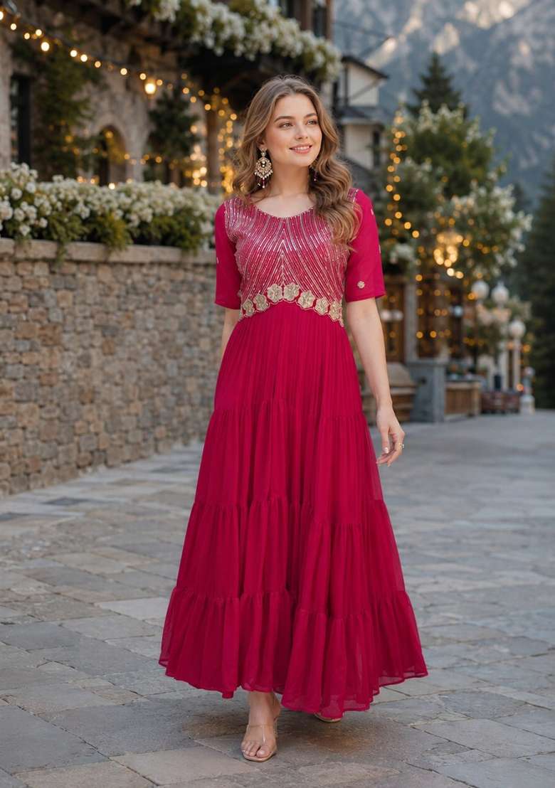 Maroon Embroidered Georgette Anarkali - Indya