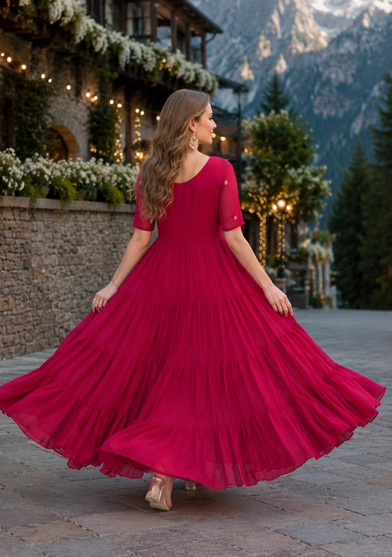 Maroon Embroidered Georgette Anarkali - Indya