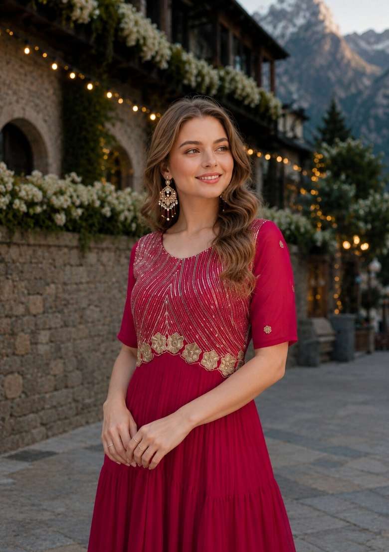 Maroon Embroidered Georgette Anarkali - Indya