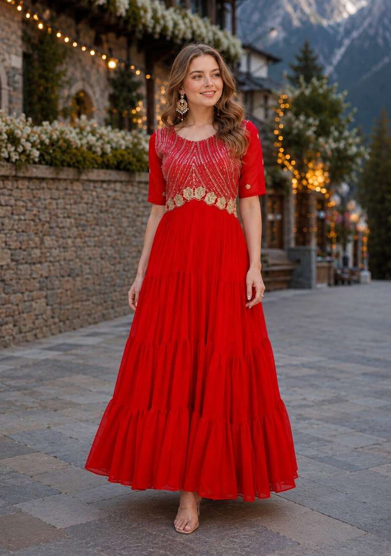 Red Embroidered Georgette Anarkali - Indya