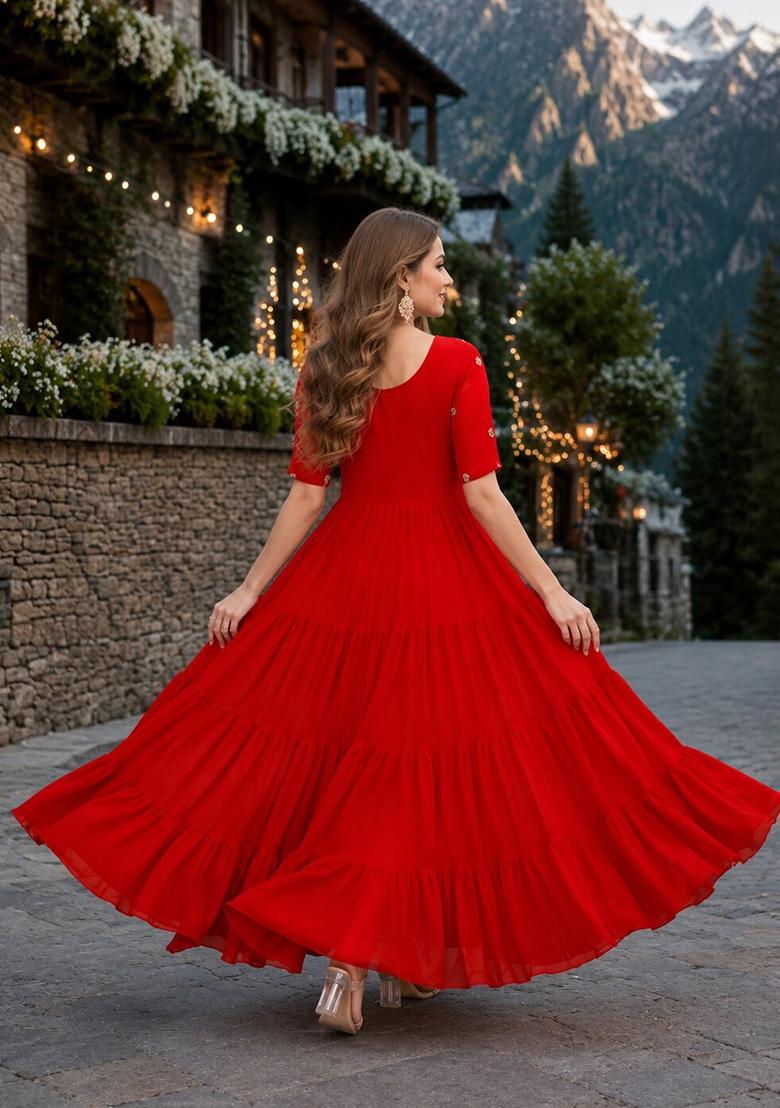 Red Embroidered Georgette Anarkali - Indya