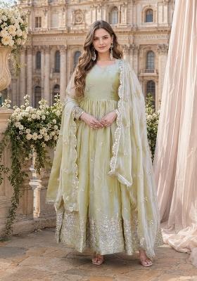 Green Embroidered Silk Blend Anarkali With Dupatta