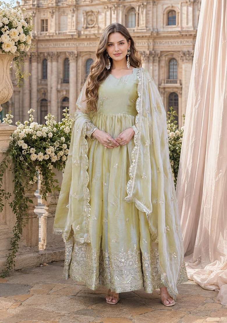 Green Embroidered Silk Blend Anarkali With Dupatta - Indya