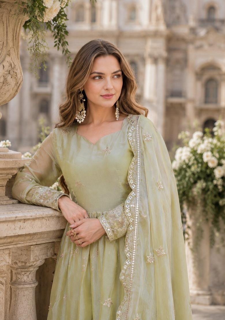 Green Embroidered Silk Blend Anarkali With Dupatta - Indya