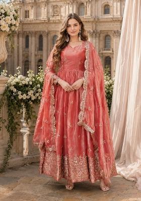Peach Embroidered Silk Blend Anarkali With Dupatta