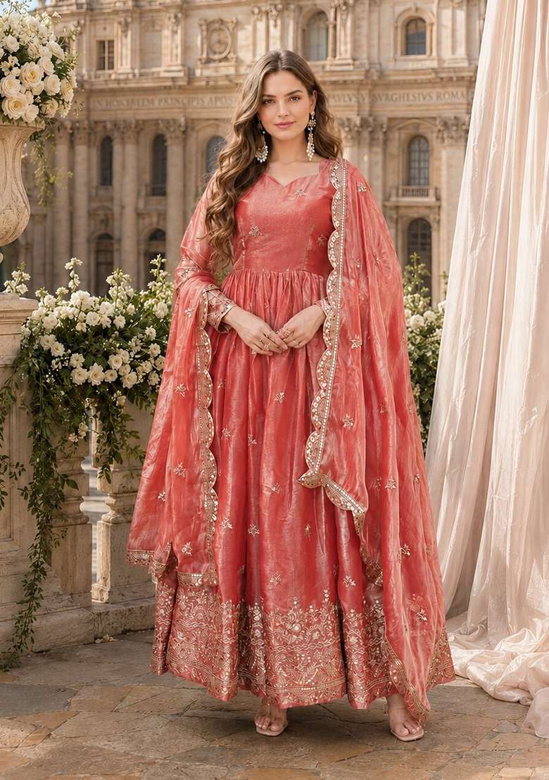 Peach Embroidered Silk Blend Anarkali With Dupatta - Indya
