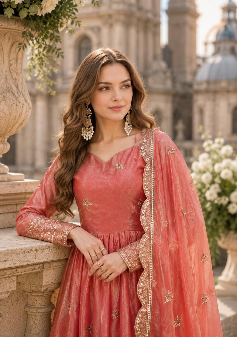 Peach Embroidered Silk Blend Anarkali With Dupatta - Indya